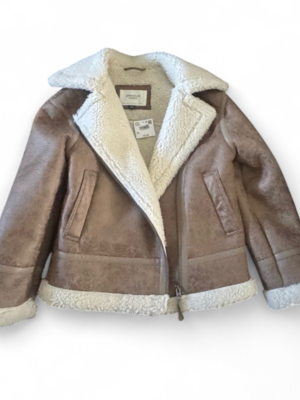 American Eagle Outfitters Brown Faux Suede Shearling Jacket with Cream Trim